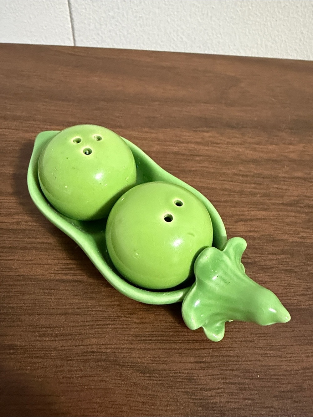 Green ceramic Two Peas in a Pod salt & pepper shakers by Kate Aspen